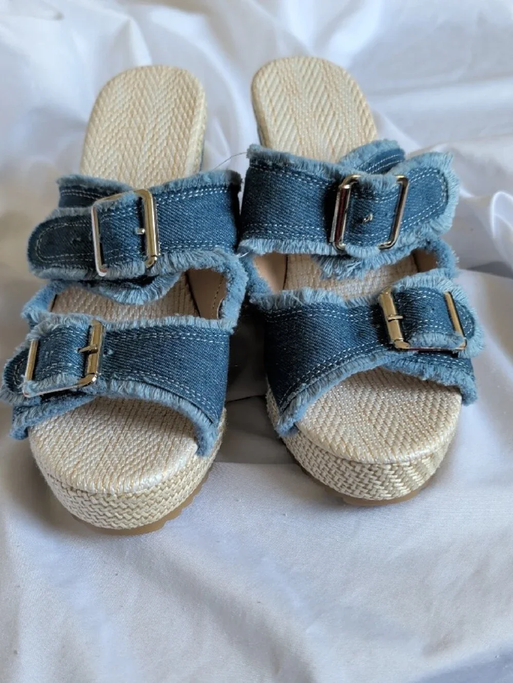 Denim Blue Wedge Sandals with Buckle Straps